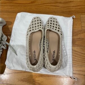 Cream and tan JustFab wooden heeled sandal